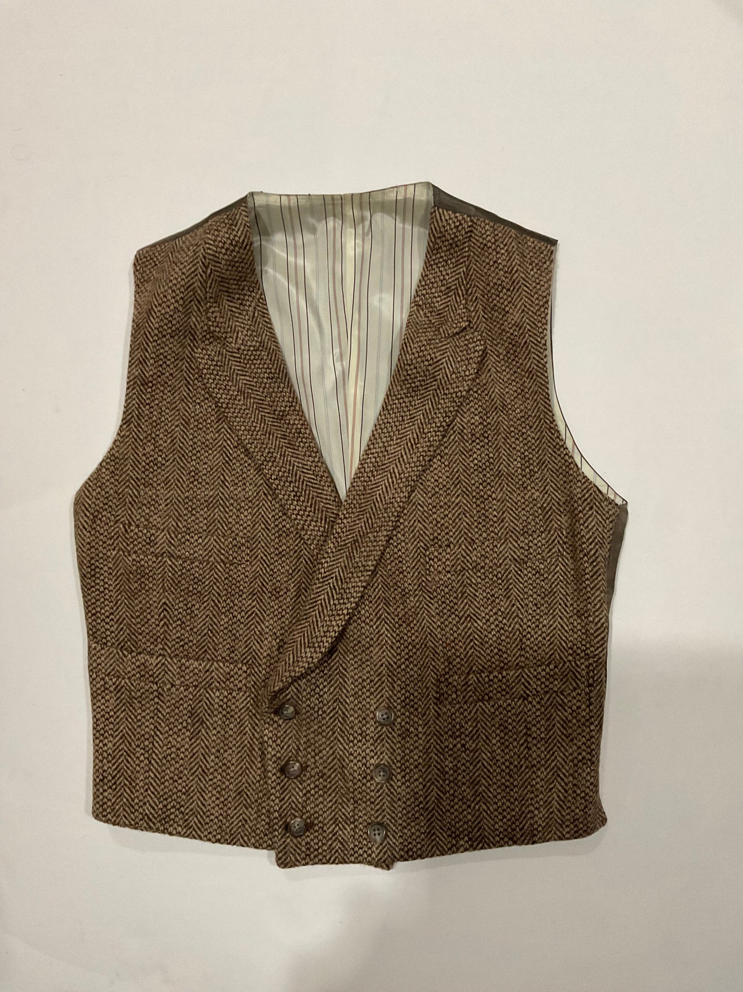R P VEST / DOUBLE BREASTED / BROWN TWEED / SMALL / FABRIC MADE IN ENGLAND