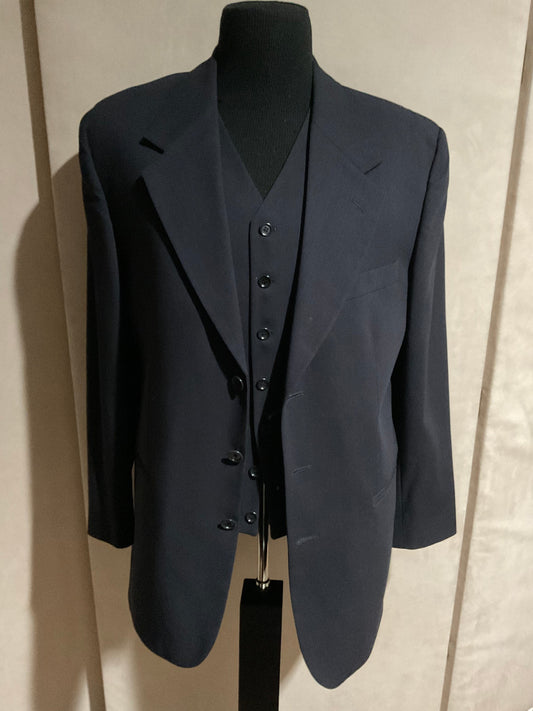 R P SUIT / NAVY 3 PIECE VESTED / WOOL CREPE / 40 REG / MADE IN ITALY