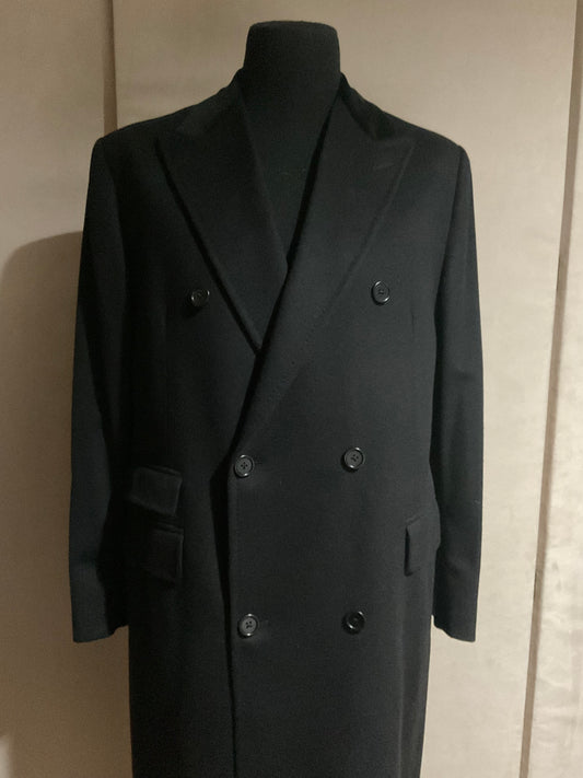 R P OVERCOAT / BLACK / PURE CASHMERE / BLACK VELVET COLLAR / DOUBLE BREASTED / MADE IN CANADA / NEW / 42 / 44