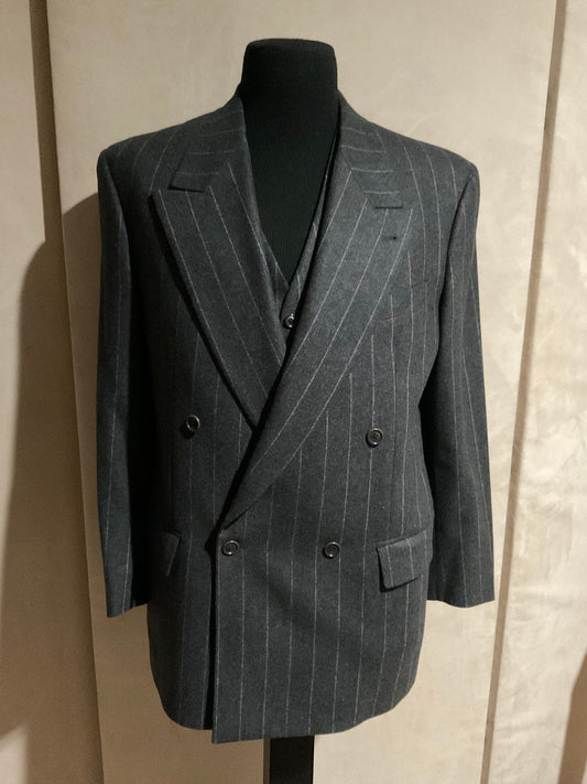 R P SUIT / PURE CASHMERE / DOUBLE BREASTED & VEST / CUSTOM BESPOKE / GREY CHALK STRIPE / 40 REG / MADE IN ITALY
