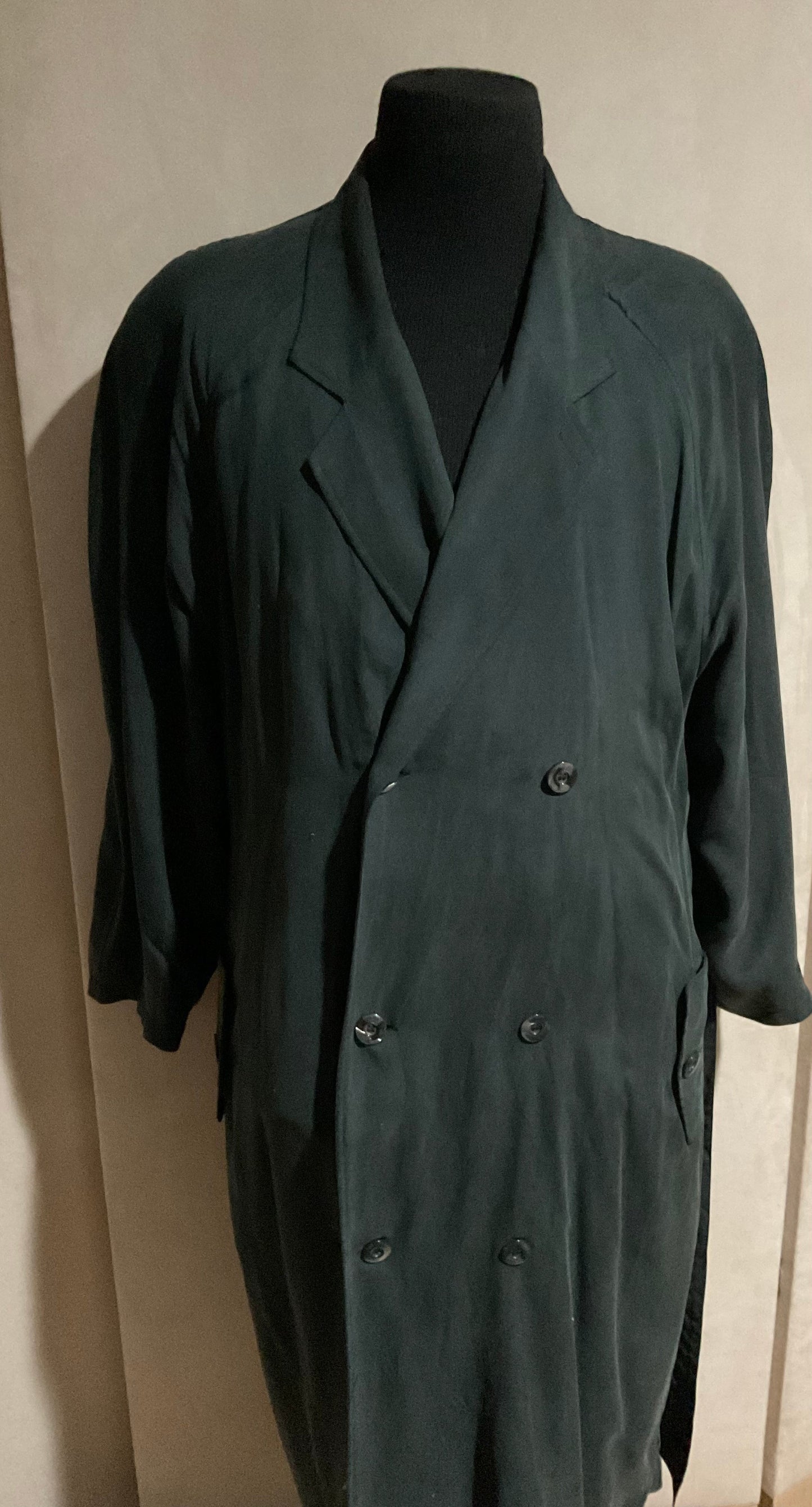 R P WASHED SILK DUSTER LONG COAT / DOUBLE BREASTED / NEW / BLACK / MEDIUM - LARGE